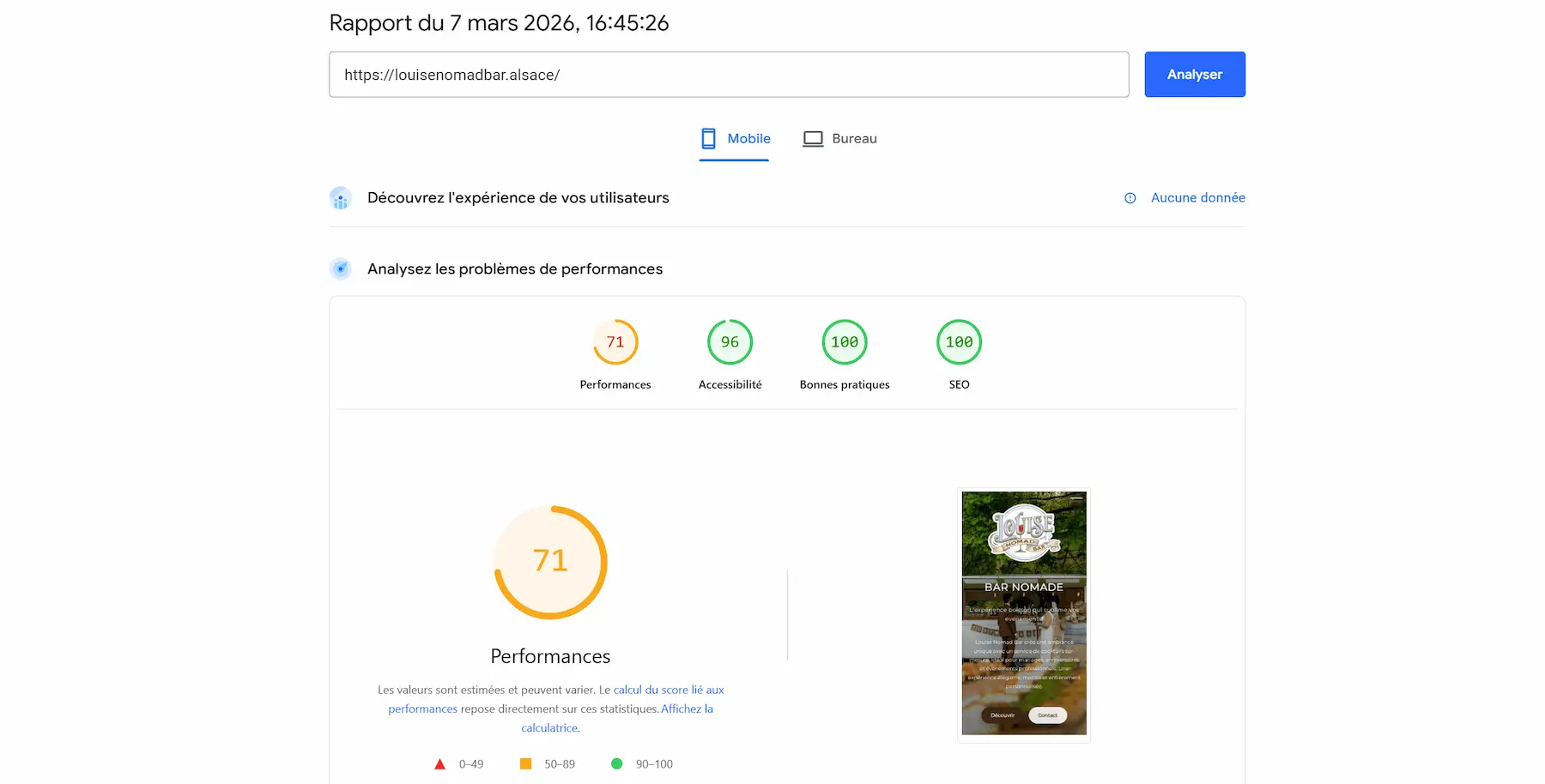 Score PageSpeed sur mobile Louise Nomad Bar