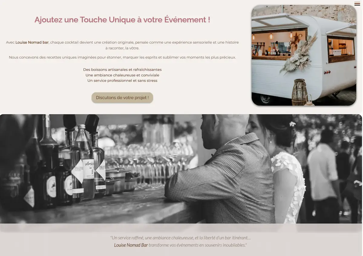 Page d'accueil du site Louise Nomad Bar section présentation